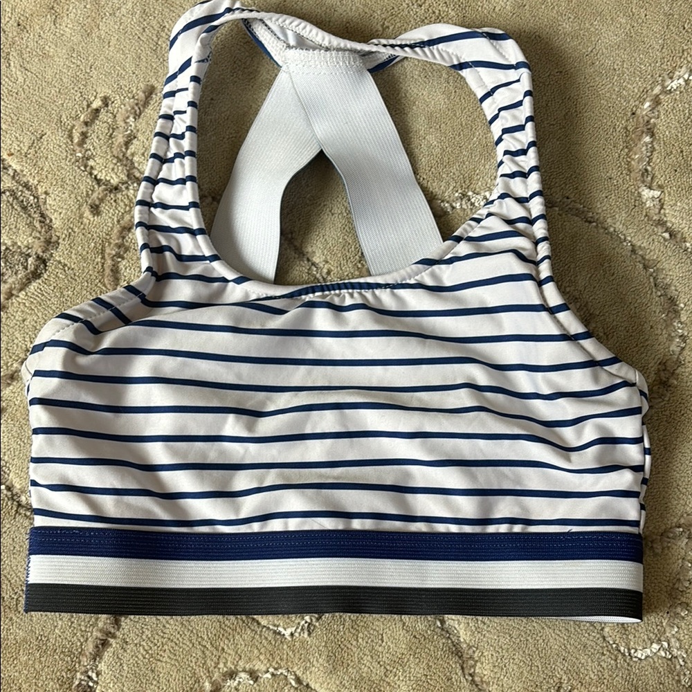 Navy and White Striped Sports Bra